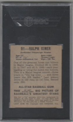 1948 Leaf RALPH KINER Pittsburgh Pirates #91 HOF CENTERED Under Graded SGC 4 - Image 2