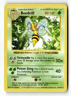Pokemon Card Beedrill Unlimited LP Base Set (Shadowless) 017/102 - Image 1