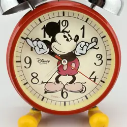 Vintage Disney Mickey Mouse Analogue Alarm Clock Red Yellow Feet Battery VGC - Image 2