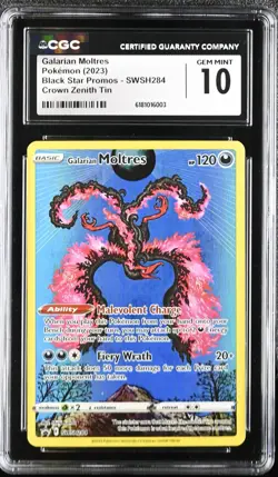 Pokemon Galarian Moltres Black Star Promos SWSH284 Crown Zenith Tin CGC 10 - Image 1