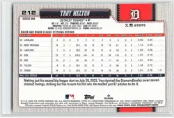 2026 Topps Series One Troy Melton Rookie Spring Training Detroit Tigers #212 - Image 2