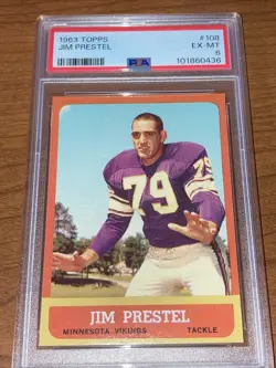 1963 Topps Football Card - #108 Jim Prestel RC Graded PSA 6 EX-MT Minnesota - Image 1