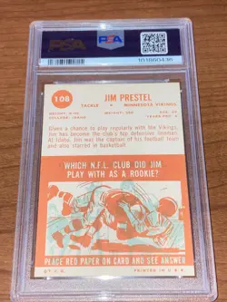 1963 Topps Football Card - #108 Jim Prestel RC Graded PSA 6 EX-MT Minnesota - Image 3