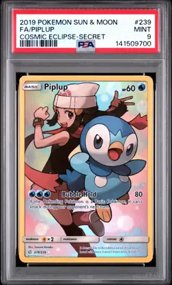 2019 POKEMON SUN & MOON COSMIC ECLIPSE SECRET #239 FULL ART/PIPLUP PSA 9 Mint - Image 1