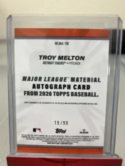 2026 Topps Series 1 Troy Melton Tigers Material Autograph Green /99 RC - Image 2