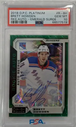 2018 Brett Howden PSA 10 RC #9/10 EMERALD SURGE AUTO OPC PLATINUM ROOKIE pop 2 - Image 1