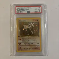 1999 POKEMON FOSSIL 1ST EDITION #7 HITMONLEE-HOLO PSA 8 - Image 1