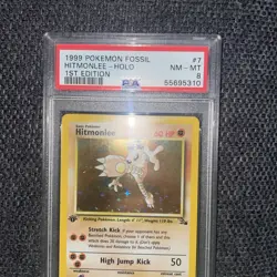 1999 POKEMON FOSSIL 1ST EDITION #7 HITMONLEE-HOLO PSA 8 - Image 4