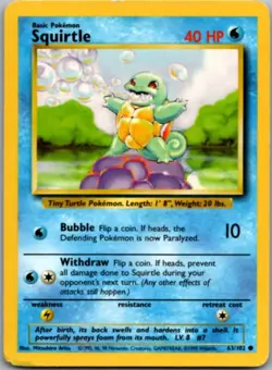 Squirtle 63/102 Common Base Set Unlimited Pokemon MP - Image 1