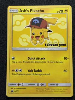 Ash’s Pikachu SM111 Ultra Rare Non Holo Exclusive Promo Pokemon Card LP/MP - Image 1