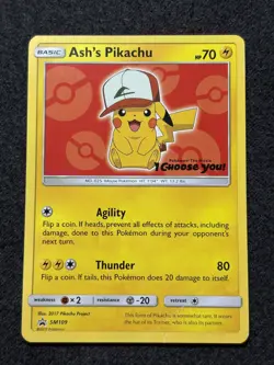 Ash’s Pikachu SM109 Non Holo Ultra Rare Promo Pokemon Card MP - Image 1