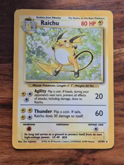 Pokemon TCG Raichu Card 14/102 Base Set Unlimited Holo Rare - Image 1