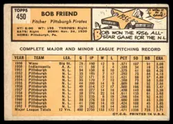 1963 Topps Baseball Card Bob Friend Pittsburgh Pirates #450 VG-EX - Image 2