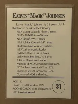 1992 Investor's Journal Magic Johnson Los Angeles Lakers NBA Card #31 - Image 2