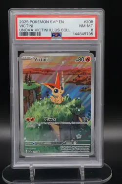 2025 Victini 208 Unova Illustration Collection Pokemon Art Rare Promo PSA 8 - Image 1