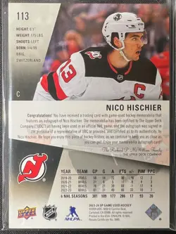 2023-24 Upper Deck SP Game Used Hockey Patch Auto /10 #113 Nico Hischier - Image 2