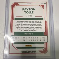Panini 2026 Donruss Optic Payton Tolle Red Sox Rated Rookie Prizm #94 /49 - Image 2