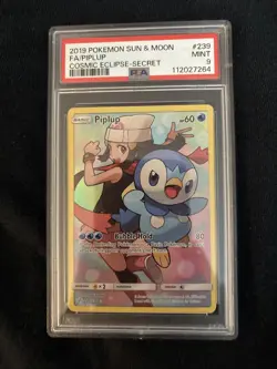 2019 POKEMON SUN & MOON COSMIC ECLIPSE SECRET #239 FULL ART/PIPLUP PSA 9 - Image 1