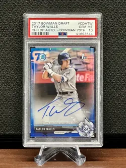 TAYLOR WALLS 2017 1st Bowman Chrome Blue Refractor Auto Rookie Card #/70 PSA 10 - Image 1