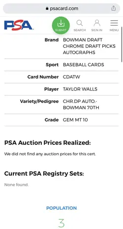 TAYLOR WALLS 2017 1st Bowman Chrome Blue Refractor Auto Rookie Card #/70 PSA 10 - Image 3