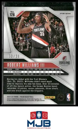 2024-25 Prizm Robert Williams III Prizms White Wave #/38 #126 Trail Blazers - Image 2