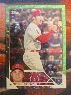 2023 Topps Series 1 Shohei Ohtani #17 Green Foil #/499 Whiting Top Right Corner - Image 1