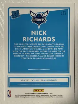 Nick Richards 2020-21 Panini Donruss Choice Gold RC #222 05/10 Bulls Hornets - Image 2