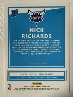 Nick Richards 2020-21 Panini Donruss Gold Laser RC #222 10/10 Bulls Hornets - Image 2