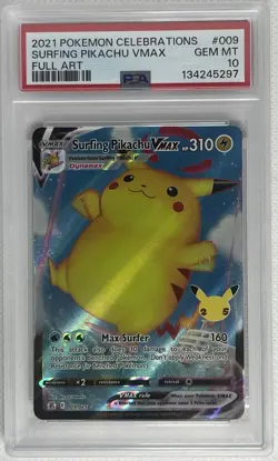 Pokemon Celebrations Surfing Pikachu VMAX Full Art 009/025 PSA 10 Gem Mint - Image 1