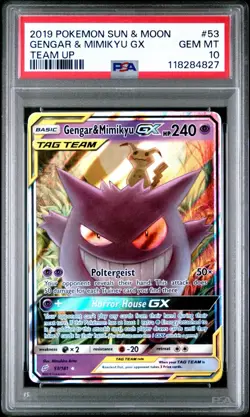 PSA 10 GEM MINT 2019 POKEMON SUN & MOON TEAM UP #53 GENGAR & MIMIKYU GX - Image 1