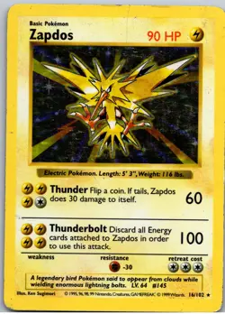 Zapdos Unlimited Holo Holo Rare Base Set (Shadowless) 016/102 MP - Image 1