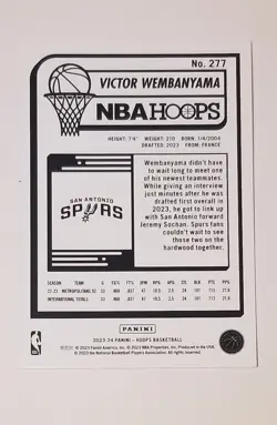 2023-24 Hoops #277 VICTOR WEMBANYAMA RC ROOKIE CARD SAN ANTONIO SPURS MINT - Image 2