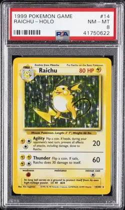 1999 POKEMON BASE SET UNLIMITED #14 RAICHU-HOLO PSA 8 - Image 1