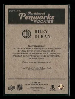2025-26 Parkhurst Riley Duran RC Penworks Rookies On-Card Auto #PWR-RD - Image 2