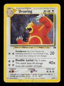 Pokemon Card Ursaring 15/75 Neo Discovery Unlimited Holo Rare Vintage HP 2001 - Image 1