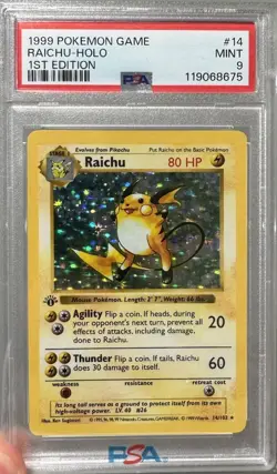 Pokemon Raichu Base Set 1st Edition Holo Rare #14 PSA 9 Mint - Image 1