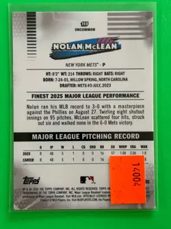 Nolan McLean 2026 Topps Finest (RC,SP,SN) Yellow Chrome Refractor #’d 165/275 - Image 3