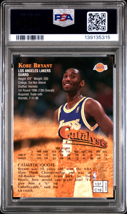 Kobe Bryant 1997 Topps Finest #137 *Catalysts* with Coating Uncommon Rare PSA 9 - Image 3
