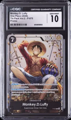 2026 ONE PIECE TIN PACK VOL. 2 PROMO #P-075 MONKEY D. LUFFY CGC 10 GEM MINT - Image 1