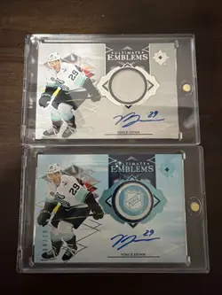 (2) Vince Dunn Auto Signed Cards Kraken Upper Deck 08/10 Ultimate Emblems - Image 1