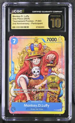 CGC Pristine 10 Monkey D. Luffy P-043 2nd Anniversary Tournament Promo One Piece - Image 1