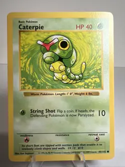 LP SHADOWLESS Caterpie 45/102 Base Set AUTHENTIC Pokemon Card 23 PHOTOS! - Image 1