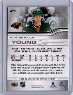 Hunter Haight Young Guns #475 2025-26 Upper Deck Series 2 [M186] - Image 2