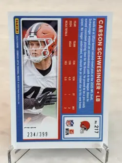 2025 Panini Donruss Optic Carson Schwesinger Rated Rookie Neon Blue Prizm #/399 - Image 2
