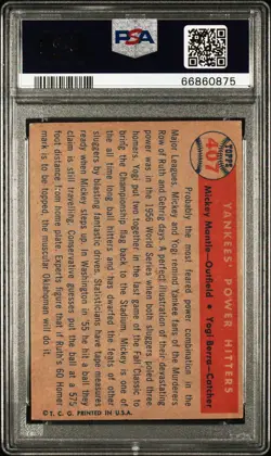 1957 Topps Baseball #407 - Mantle/ Berra - Yankees' Power Hitters - PSA 5 EX - Image 2