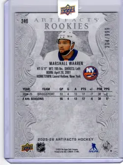 2025-26 Upper Deck Artifacts Rookies Marshall Warren Rookie 304/999 New York - Image 2