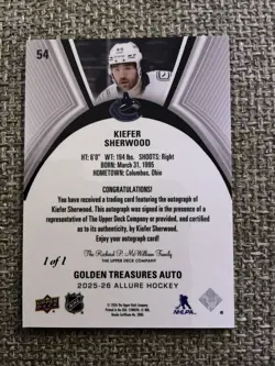 2025-26 Upper Deck Allure Kiefer Sherwood Golden Treasures Auto Gold 1/1 🔥🔥🔥 - Image 2