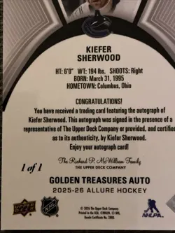2025-26 Upper Deck Allure Kiefer Sherwood Golden Treasures Auto Gold 1/1 🔥🔥🔥 - Image 3