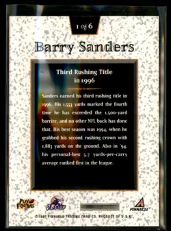 1997 Pinnacle Commemorative Collection Barry Sanders Lions 1 of 6 - Image 2