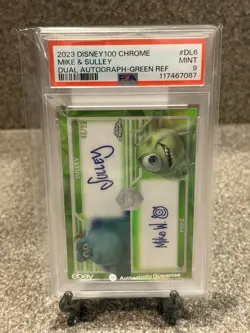 2023 Topps Chrome Disney Sulley Mike Wazowski Dual Auto #DL6 PSA 9 Green /99 - Image 1